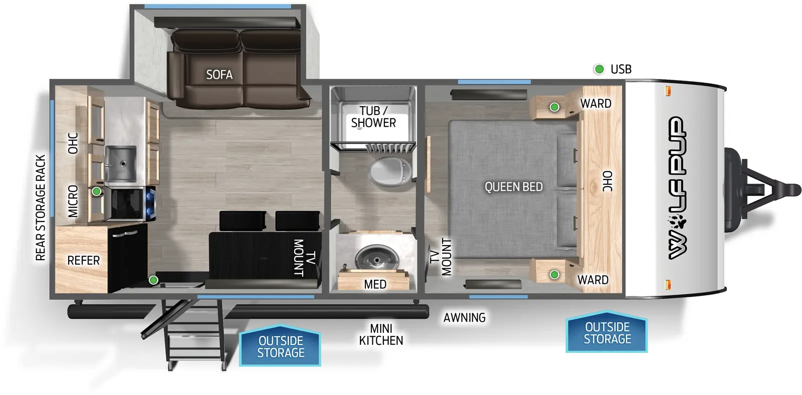 The Cherokee Black Label 17SCBL floorplan has one entry and one slide out. Exterior features include: fiberglass exterior. Interiors features include: rear kitchen, front bedroom and pass through bathroom.